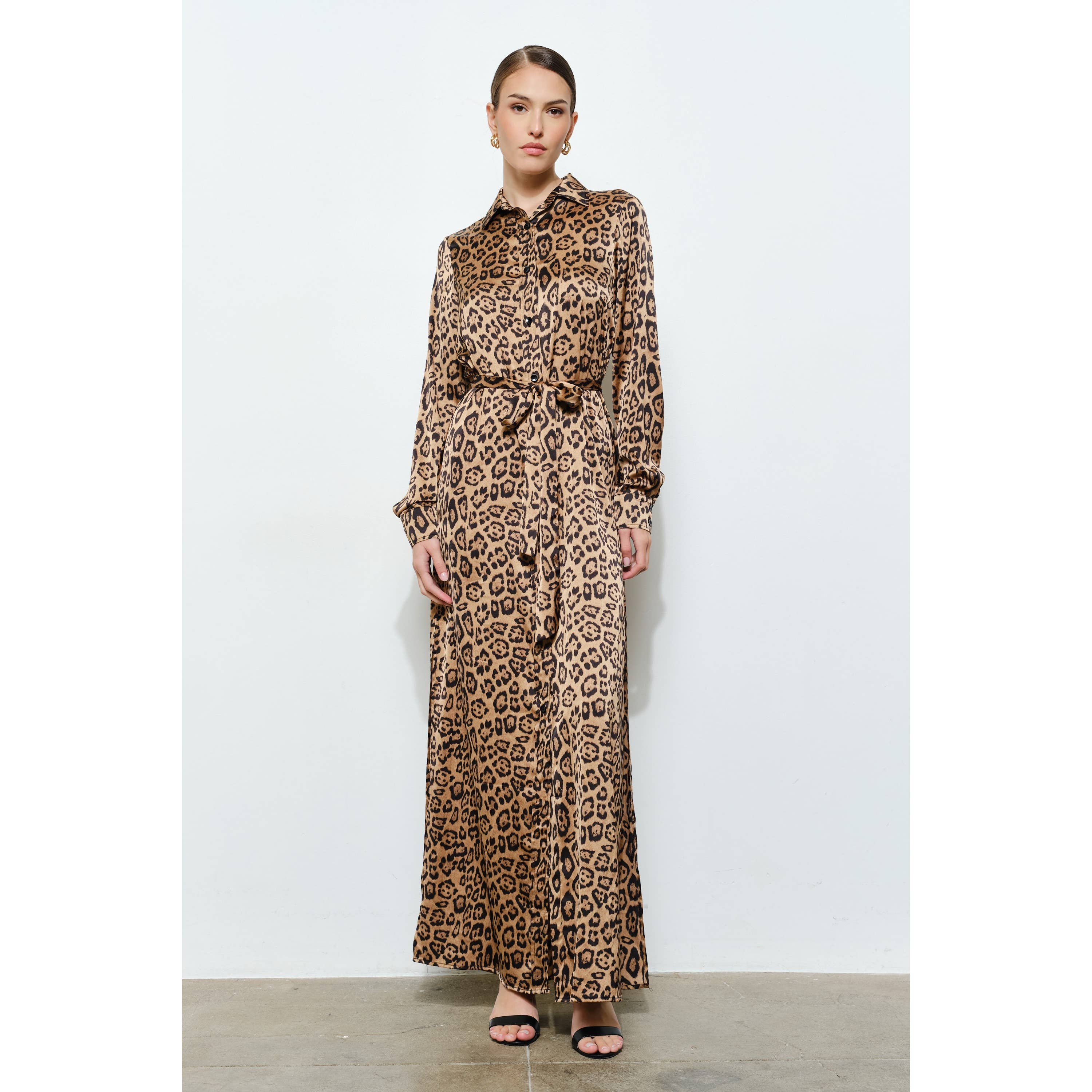 Chic Leopard Print Satin Waist Tie Slit Maxi Dress for wholesale on Faire3
