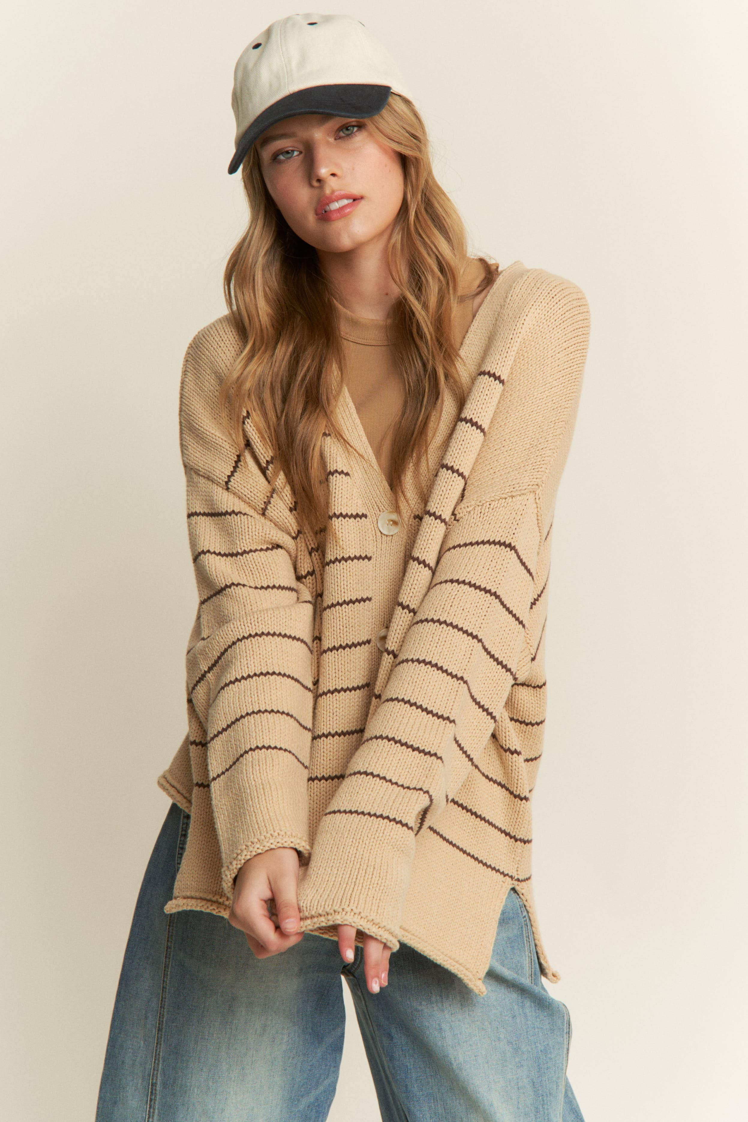 Taupe Drop Shoulder V-Neck Knit Cardigan for wholesale on Faire4