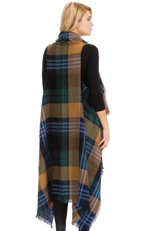 Cap Zone - Vente Veste sans manches – femme - Gilet cardigan long à carreaux et effilochés Madras4