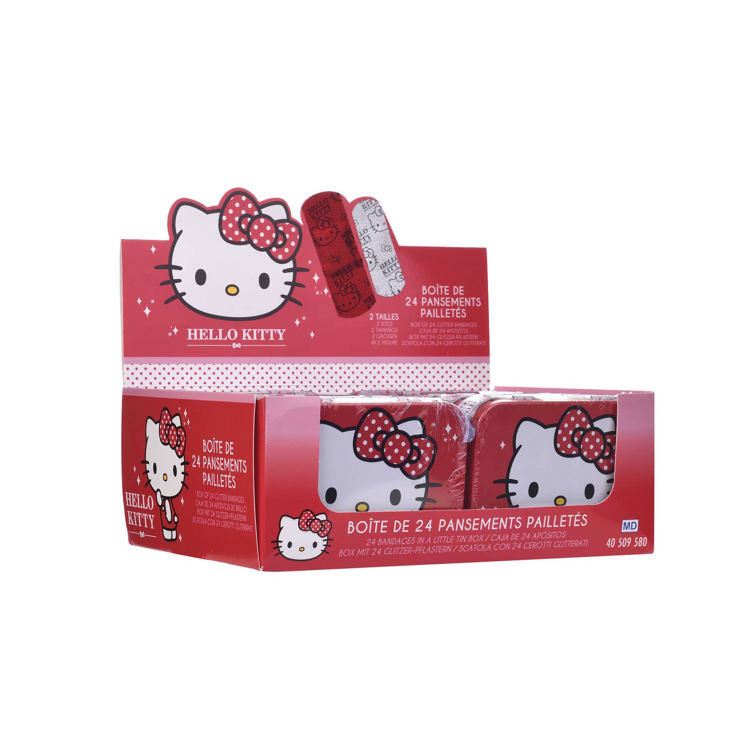 Takecare - Wholesale Bandaids/Bandages - Hello Kitty, Metal Box of Bandages, Glitter, Pre-cut, Children, Junior, Box of 24 Bandages, 10.9 x 8 x H.2 cm, TAKE CARE1