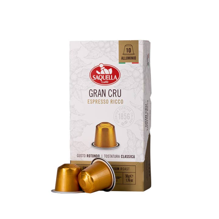 Saquella 1856 SRL – Großhandel Kaffeebohnen – Grand Cru Kapseln, 10 Stück Aluminium, kompatibel mit Nespresso® Maschinen