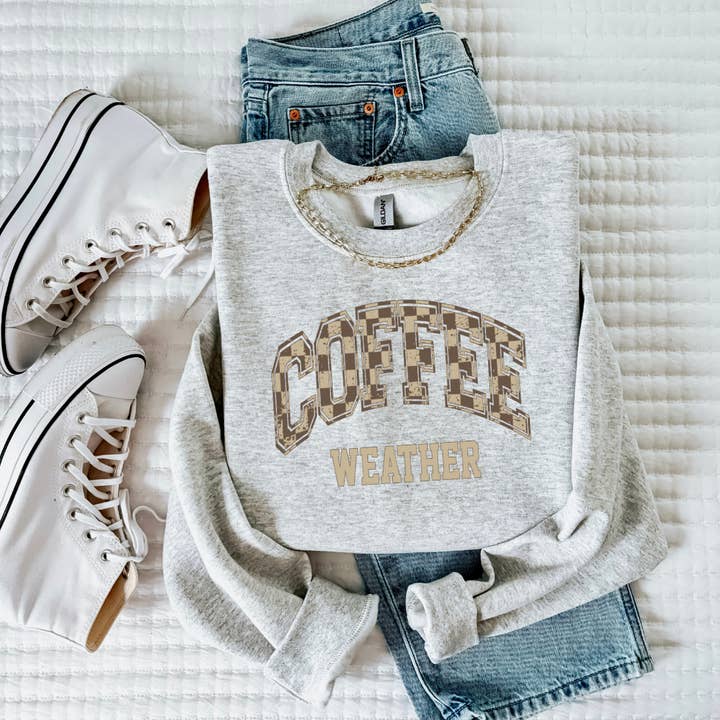 Coffee Weather Graphic Tee or Cozy Crewneck Unisex Pullover for wholesale by The Foxy Golden