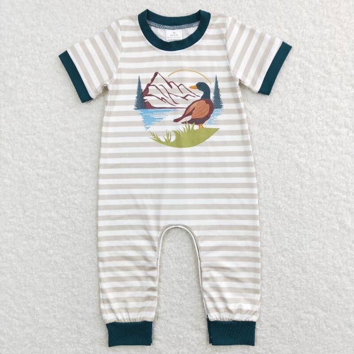 Baby Boys Duck Hunting Khaki Stripes Short Sleeve Rompers for wholesale by Aier Wholesale