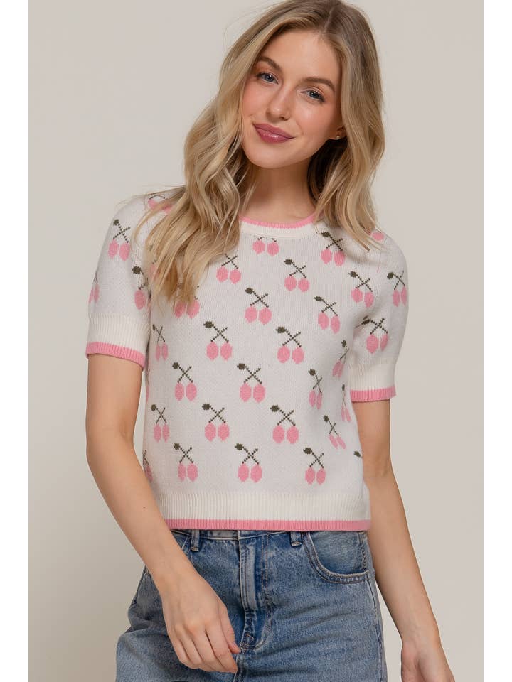 Active Basic | Active USA - Wholesale Knit Top - Women's - Short Sleeve Contrasting Edge Line Cherry Pattern Sweater4