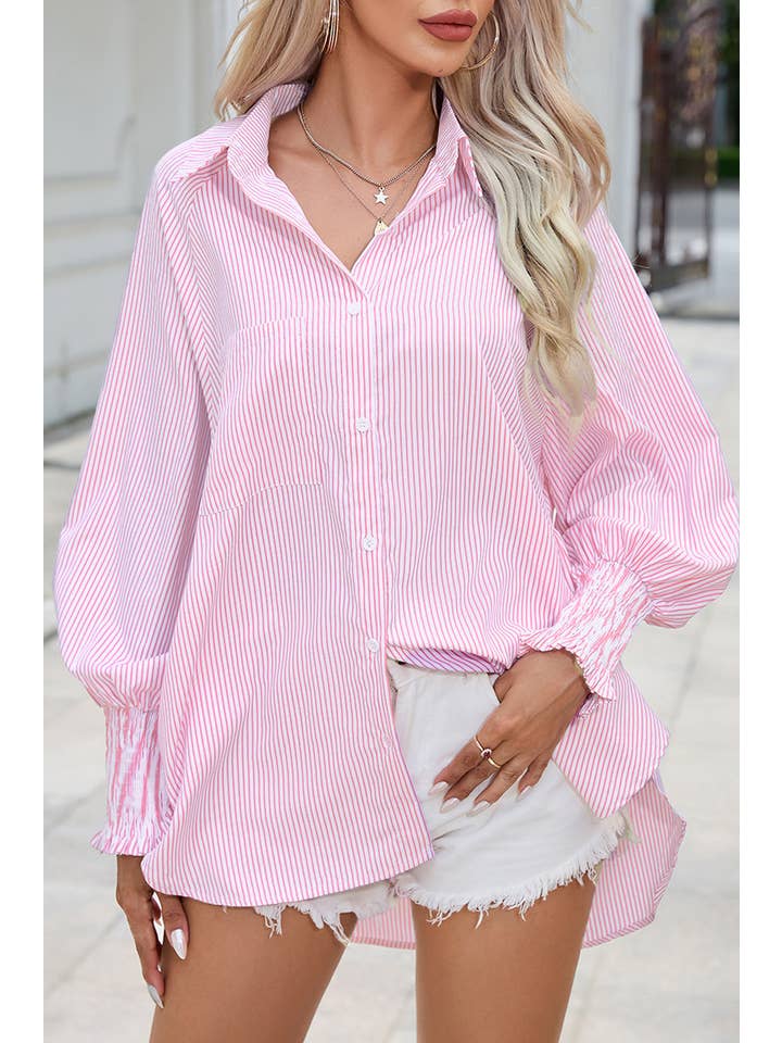 Black LDC Smocked Cuffed Striped Boyfriend Shirt with Pocket for wholesale on Faire