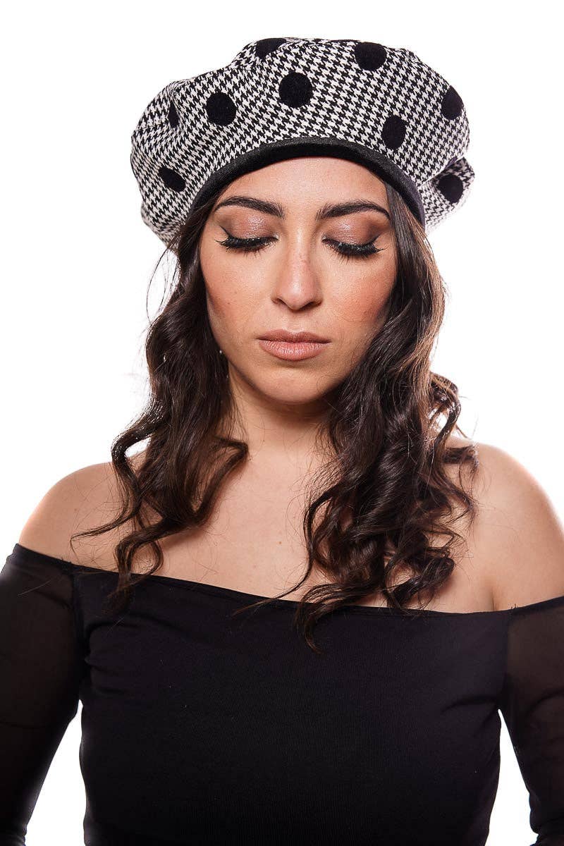 Tétè Accessories - Wholesale Fashion Headband - Women's - Beret in houndstooth wool with velvet polka dots1