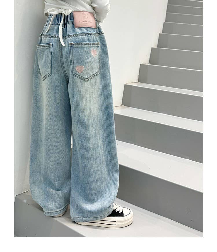 Blue Girls' Wide-Leg Jeans with Heart Embroidery for wholesale on Faire1