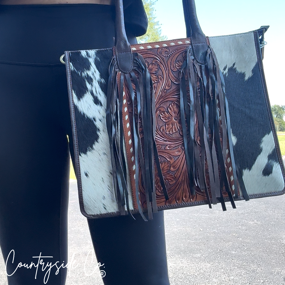 Texas Western Cowhide Bags and More – wholesale Tote bag – Women's – Jesse Cowhide and Tooled Leather Fringe Tote computer bag5