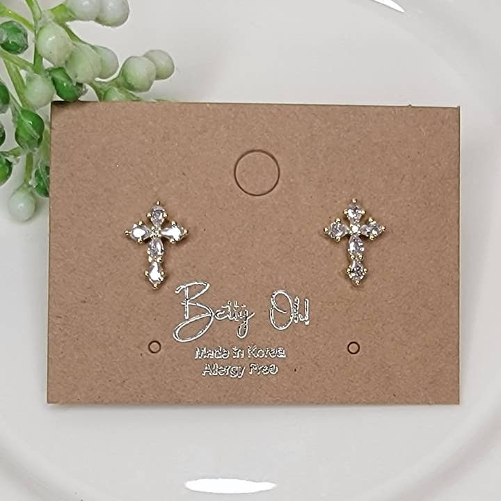 SMALL CROSS CZ POST EARRINGS. for wholesale by BETTYOH INC