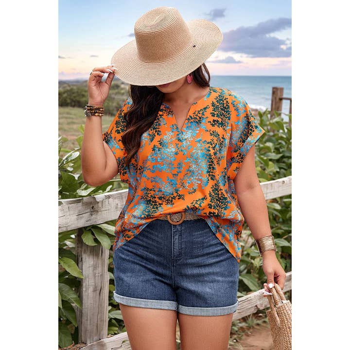 ORANGE Plus Floral V Neck Batwing Sleeve Loose Shirt for wholesale on Faire3