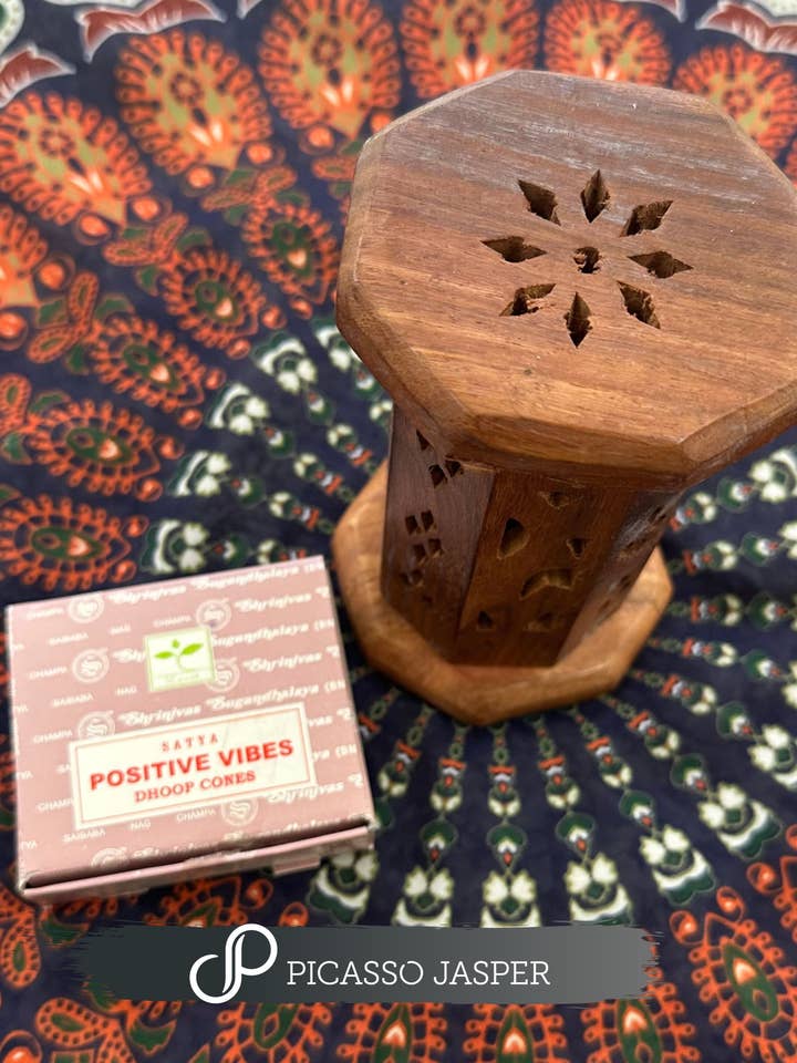 Natural Wood Cone Incense Tower + Positive Vibes Incense Con for wholesale by Picasso Jasper
