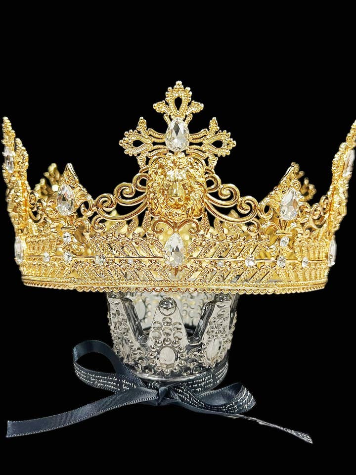 Gouden koningsleeuwenkroon, prinsdiadeem, heldere kristallen kroon voor wholesale door Happy Dream Gifts