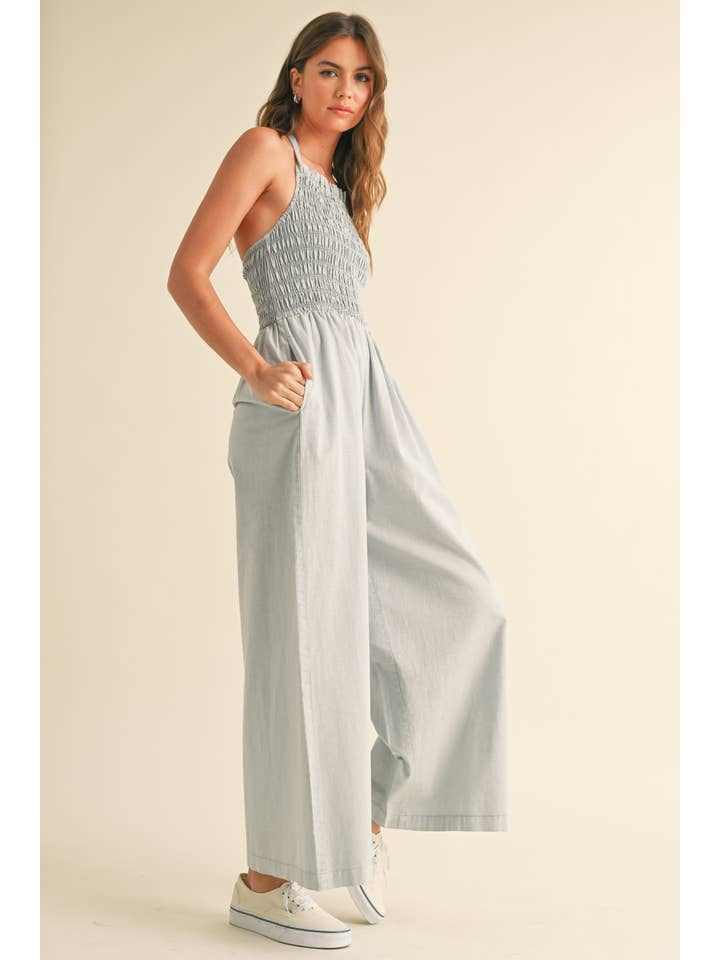 MIOU MUSE - Wholesale Jumpsuit - Women's - JU3394 DYE & WASH VISCOSE SMOCKED ON TOP