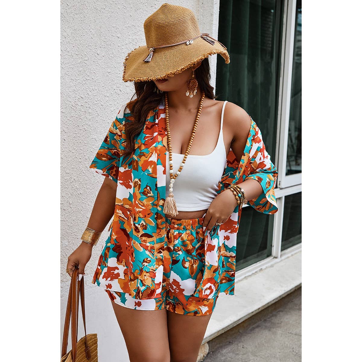 FUCHSIA Plus Size Floral Print Open Front Shorts Sets for wholesale on Faire10