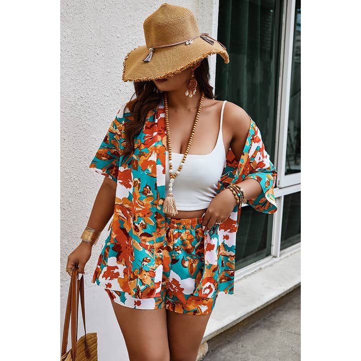 FUCHSIA Plus Size Floral Print Open Front Shorts Sets for wholesale on Faire10