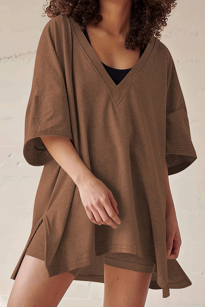 UNISHE - Wholesale Lounge Set - Women's - Summer V Neck Plain Two Pieces Short Set ASJP0909