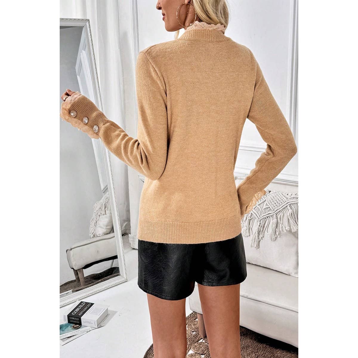 khaki Solid Crew Neck Lace Trim Button Knit Sweater for wholesale on Faire5