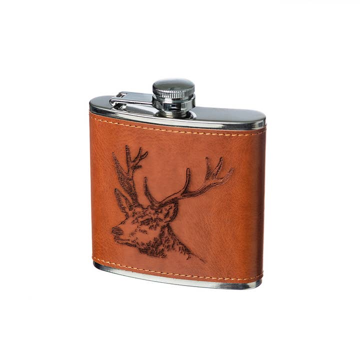Selbrae House Ltd - Wholesale Flask - Stag Engraved Leather Wrapped Hipflask2