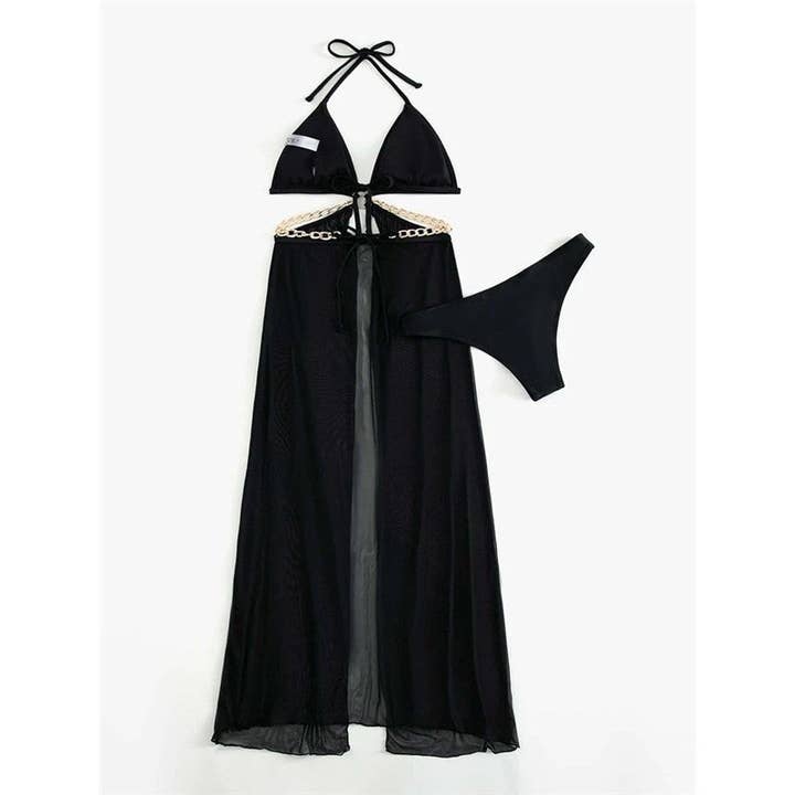 Ekartini - Wholesale Two Piece Swimsuit - Women's - Solid Color Halterneck Backless Bandage Metal Chain Patchwork Chest Padd Hollow Dress And Briefs Two Pieces Tankini Swimsuit5