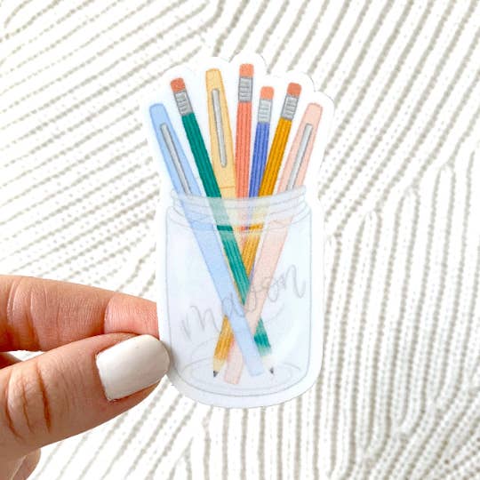 Elyse Breanne Design - Wholesale Sticker - Pens and Pencils Mason Jar Sticker, 3x1.5in
