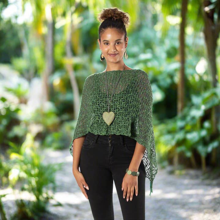 Short Popcorn Knit Poncho - Green for wholesale by Suzie Blue Canada