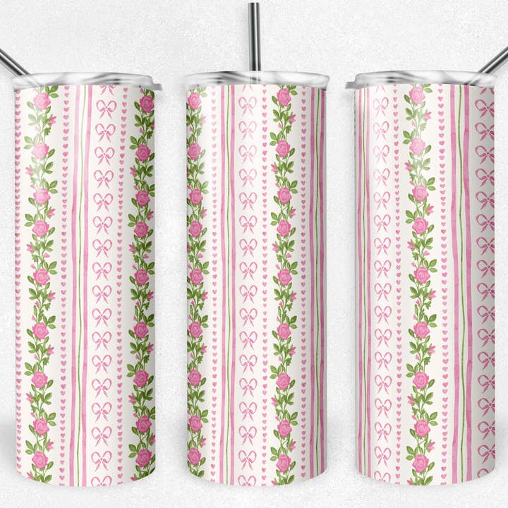 Sonny Rising - Wholesale Insulated Mug/Tumbler - 20 oz Skinny Tumbler, Pink Rose Ribbon Style Pattern