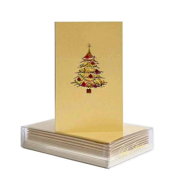 Tree With Ornaments on Gold Christmas Mini Note Card for wholesale by PAULA SKENE DESIGNS