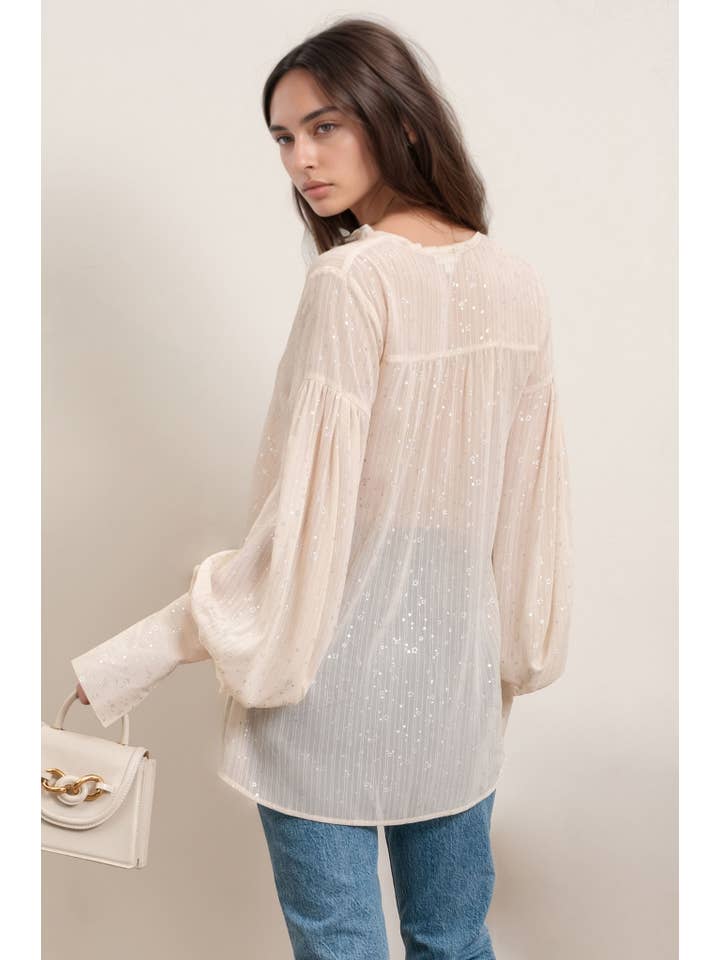 CREAM STAR PRINT FRONT TIE LONG CUFF SHEER BLOUSE for wholesale on Faire1