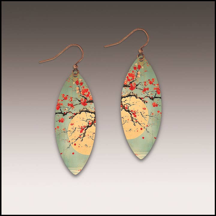 Illustrated Light & DC Designs - Wholesale Dangle Earrings - Cherry Moon Leaf Point Handmade Earrings
