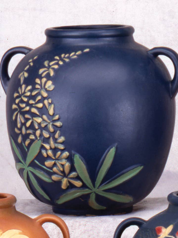 Roseville-Style, Lupine Pot in Blue & Brown, 9" for wholesale by AA Importing
