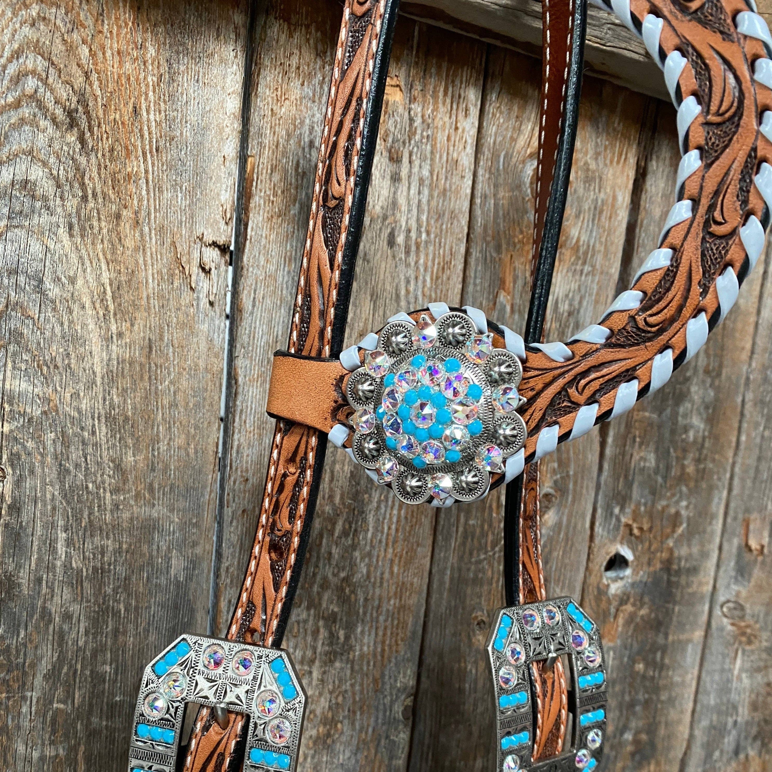 Rodeo Drive - Wholesale Horseback Riding Gear - Whipstitch Turquoise & AB Browband/One Ear Tack Set with Wither Strap  #BBBC4638