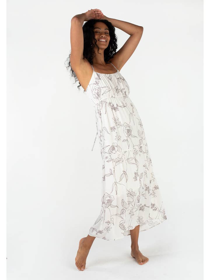 Natural Taupe Floral Scoop Neck Spaghetti Strap Maxi Dress for wholesale on Faire