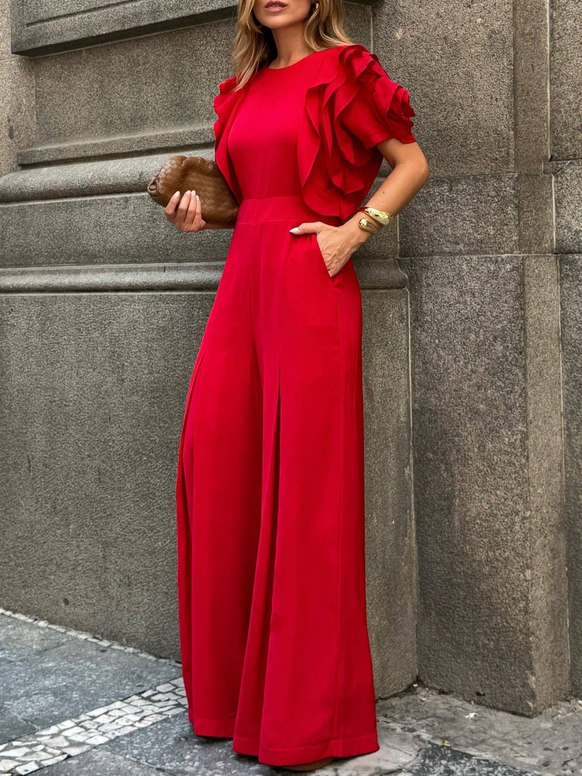 RED round neck ruffle short sleeve jumpsuit for wholesale on Faire2