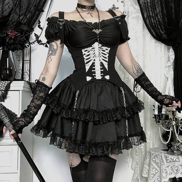 Gothic Skeleton Print Strap Top Slim Fit Streetwear for wholesale by SALINA TRADING INC