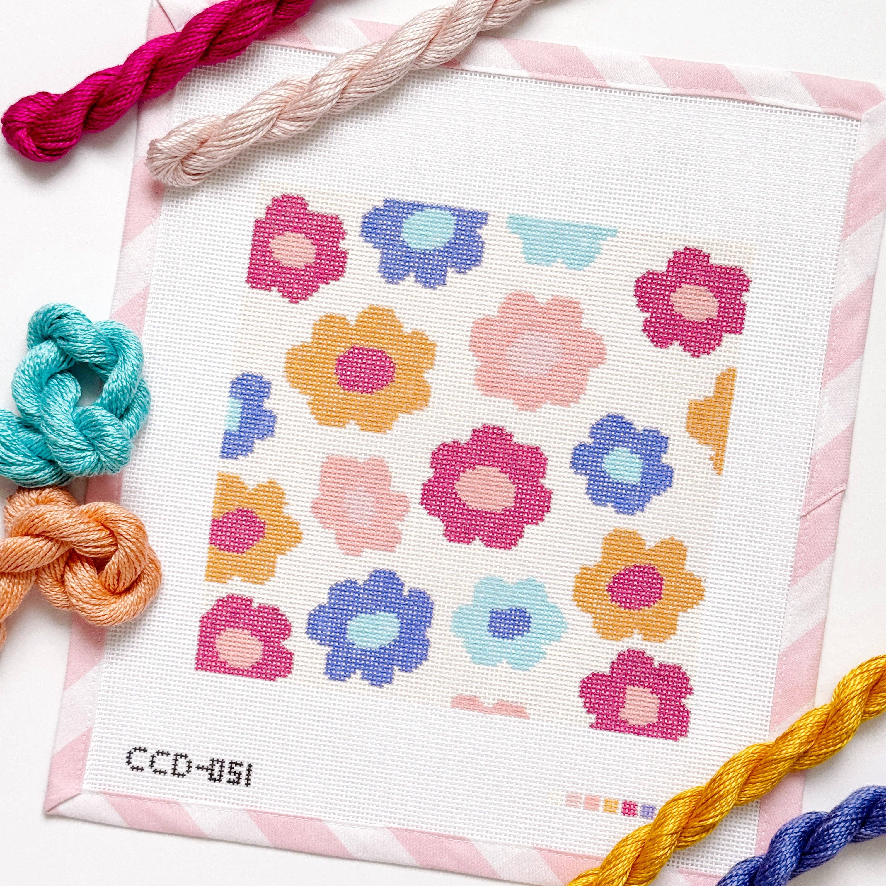 Cotswold Co Designs - Wholesale Embroidery/Cross Stitch Supplies - Retro Flower Pillow Needlepoint Canvas | Hand-Painted 13 Mesh | 8.5” x 8.5” Design on 12” x 12” Canvas | Ready to Ship2