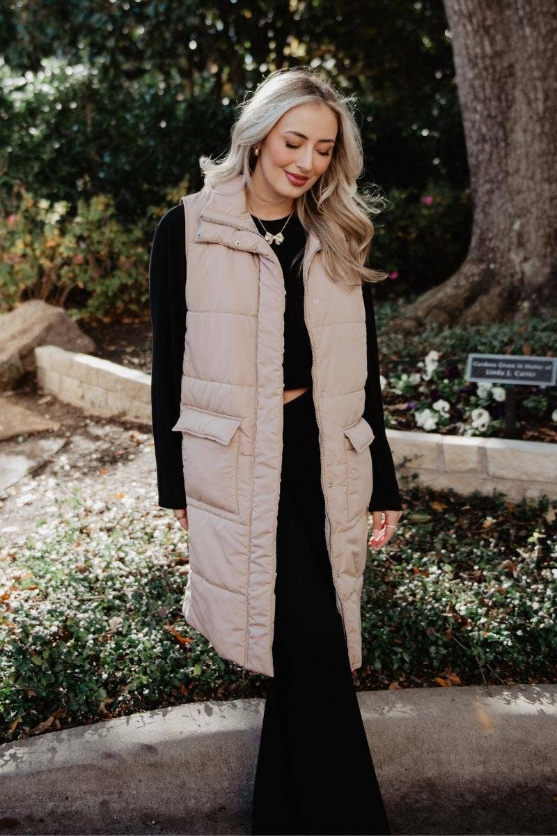 Tan Long Puffer Wholesale Vests (Tan) for wholesale on Faire4