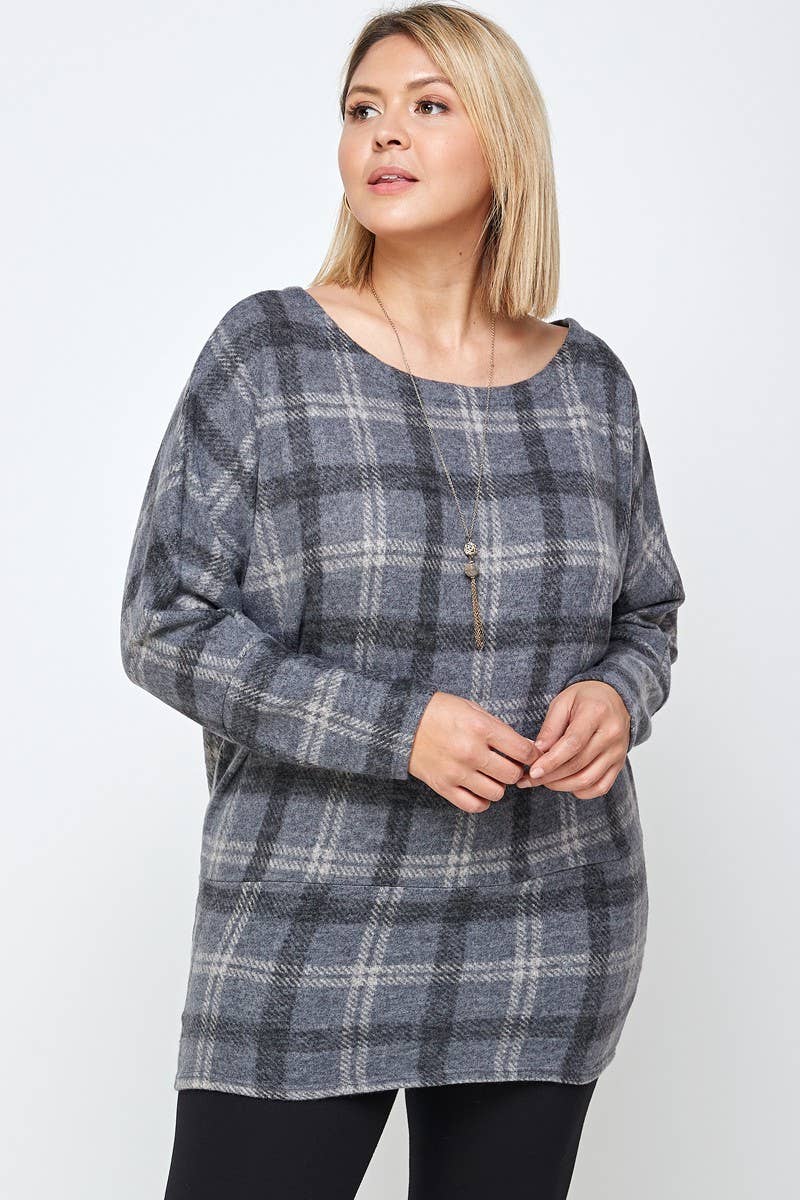 Grey Plus Size Plaid Tunic Top - 17655-T for wholesale on Faire0