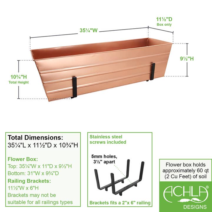 ACHLA Designs - Wholesale Planter Box - Large Copper Flower Box- 2x6 Railing Brackets3