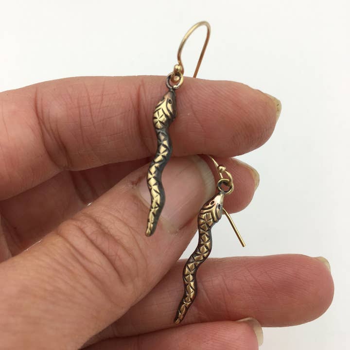 Brass and Gold Snake Dangle Earrings for wholesale by Metal Cloth & Wood