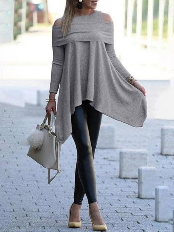 Plush Looks – Großhandel Tunika – Damen – Einfache, lockere, hohle, einfarbige T-Shirts mit kalter Schulter2