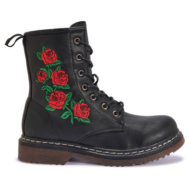 BUK83 FLOWER EMBROIDERY ANKLE LACE UP BOOT for wholesale by City Shoes