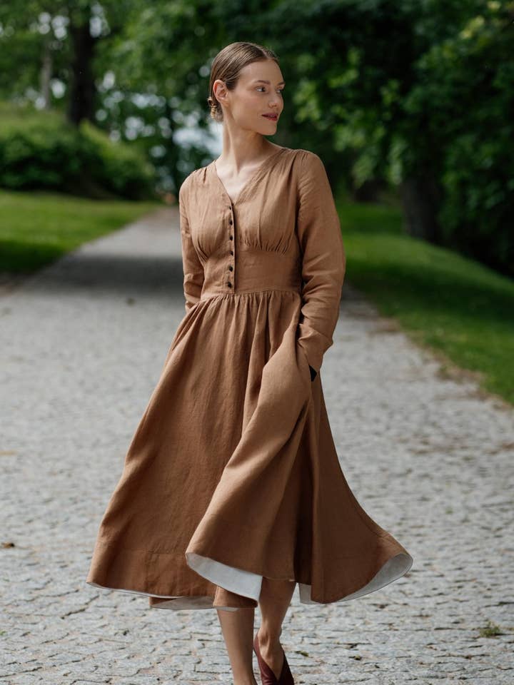 Son de Flor - Wholesale Dress - Women's - Diane – V-Neck Linen Midi Dress0