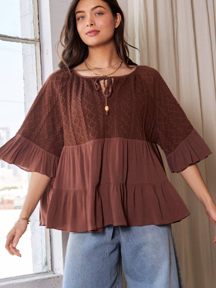 Brown SOLID ROUND NECK RUFFLE SHORT SLEEVE TOP for wholesale on Faire