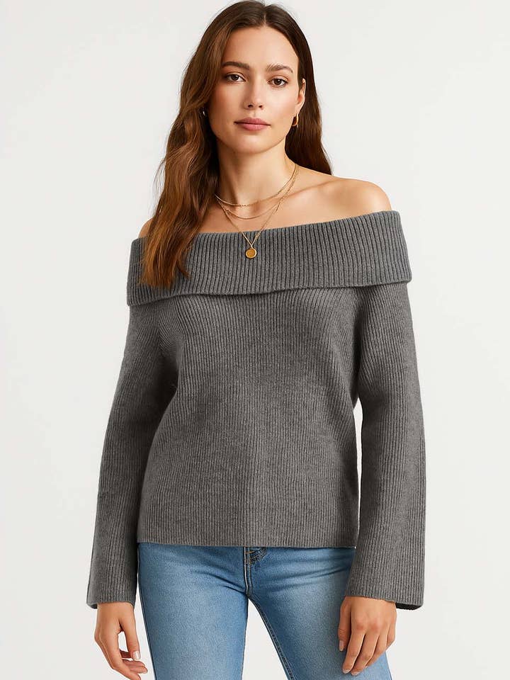 Ladies Solid Color Off-Shoulder Ruched Knit Layering Top for wholesale by Sweetkama