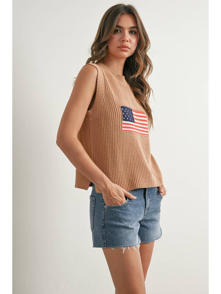 BUTTERMELON - Wholesale Knit Sweater - Women's - Flag Print Knitted Sleeveless Sweater - BMW7749