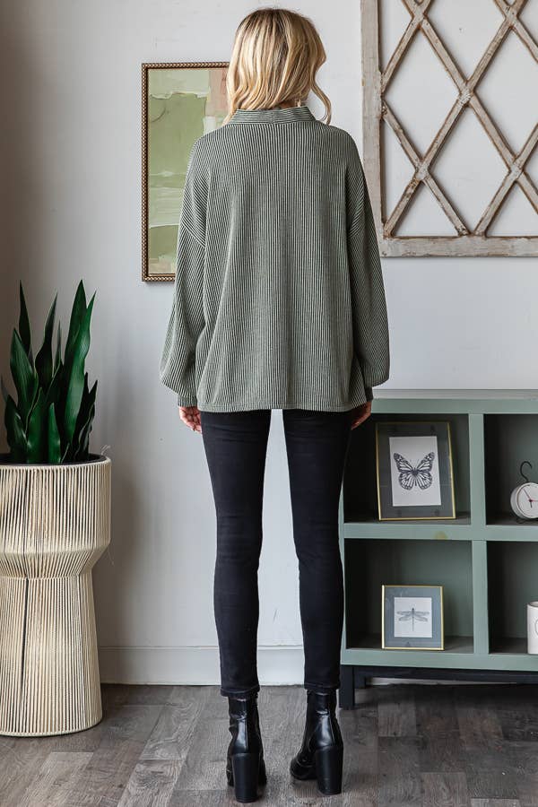 7th Ray - Wholesale Cardigan - Women's - Solid Rib Drop Shoulder Button Balloon Sleeve Cardigan T574515