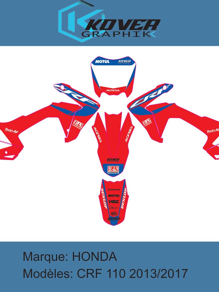 Motorcycle Decal Kit Compatible with Honda CRF 110 (2013–2017) – Red/Blue Racing Design – Kover Graphik for wholesale by kover graphik