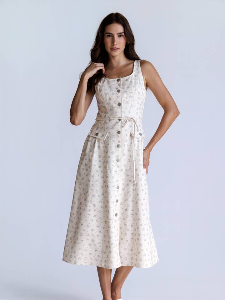 JD10017 - FLORAL BUTTON DENIM MIDI DRESS for wholesale by STORIA