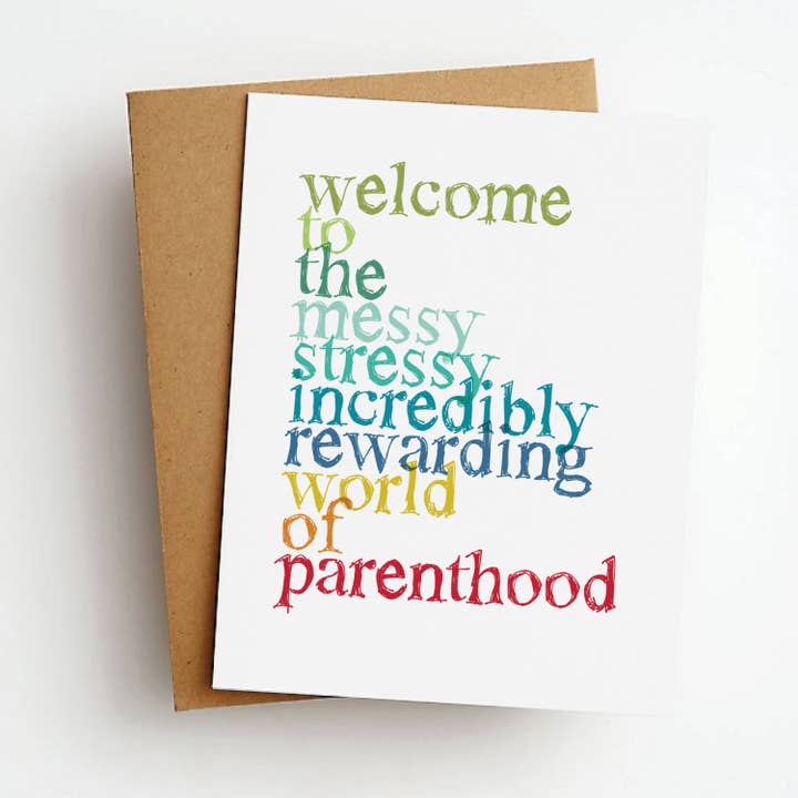 Carte de vœux pour nouveau-né Messy Stressy Parenthood pour la vente par Skel & Co