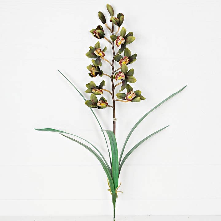 Holiday Depot Inc. - Wholesale Artificial Flowers - IT012Olive- 32in Cymbidium orchid w leaves bush- Olive green